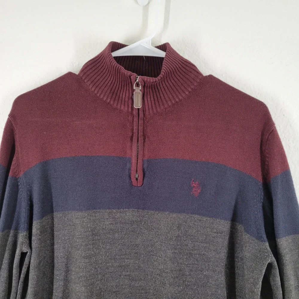 US Polo Assn. Mens Striped Quarter Zip Sweater Burgundy Navy Grey Acrylic Small - Picture 2 of 11